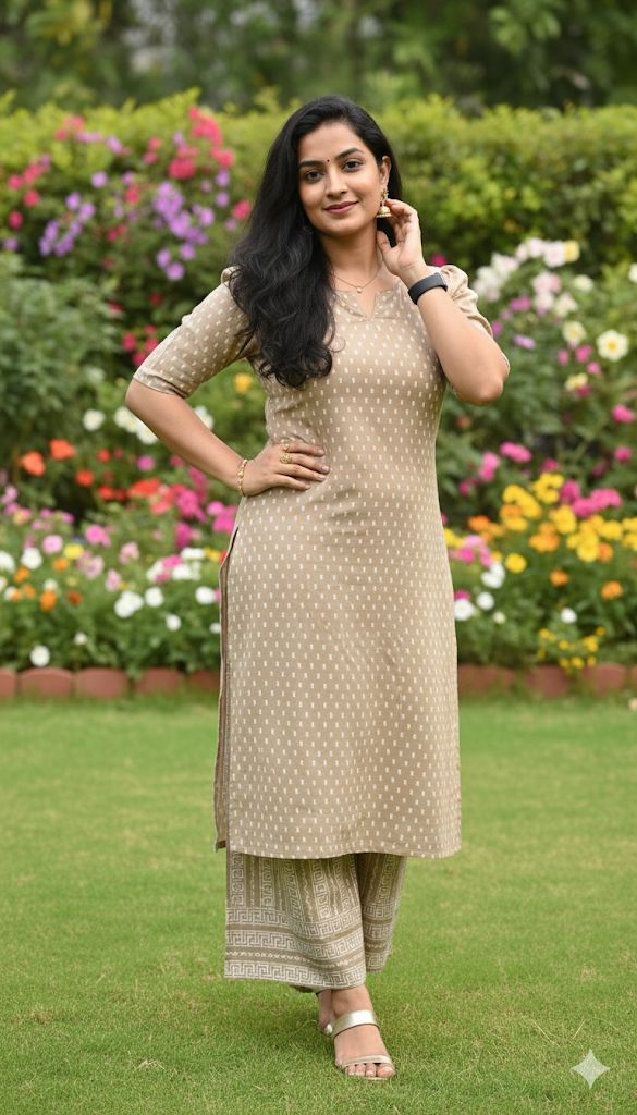 2 Piece Set With beige and light brownish Kurti Colour For Women & Girls - Aira Fabrics Designer Studio