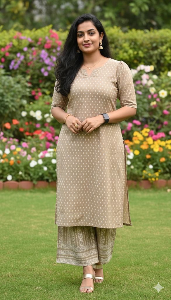 2 Piece Set With beige and light brownish Kurti Colour For Women & Girls - Aira Fabrics Designer Studio