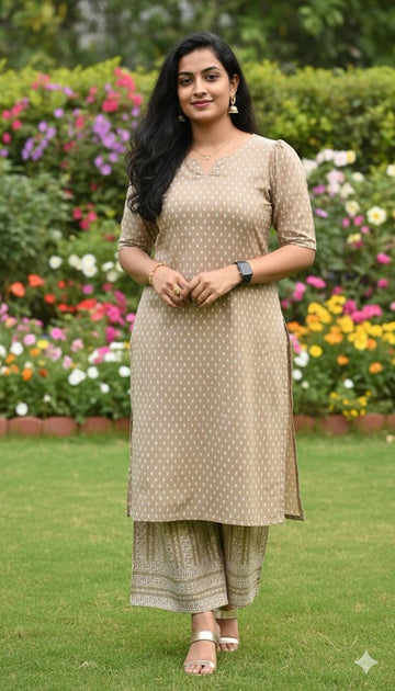 2 Piece Set With beige and light brownish Kurti Colour For Women & Girls - Aira Fabrics Designer Studio