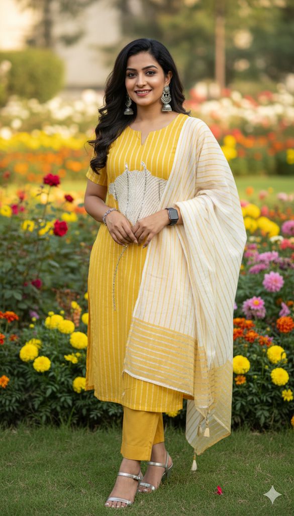 Cream Color And Mustard Yellow Kurti Set 3 Piece For Women