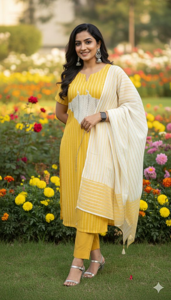 Cream Color And Mustard Yellow Kurti Set 3 Piece For Women