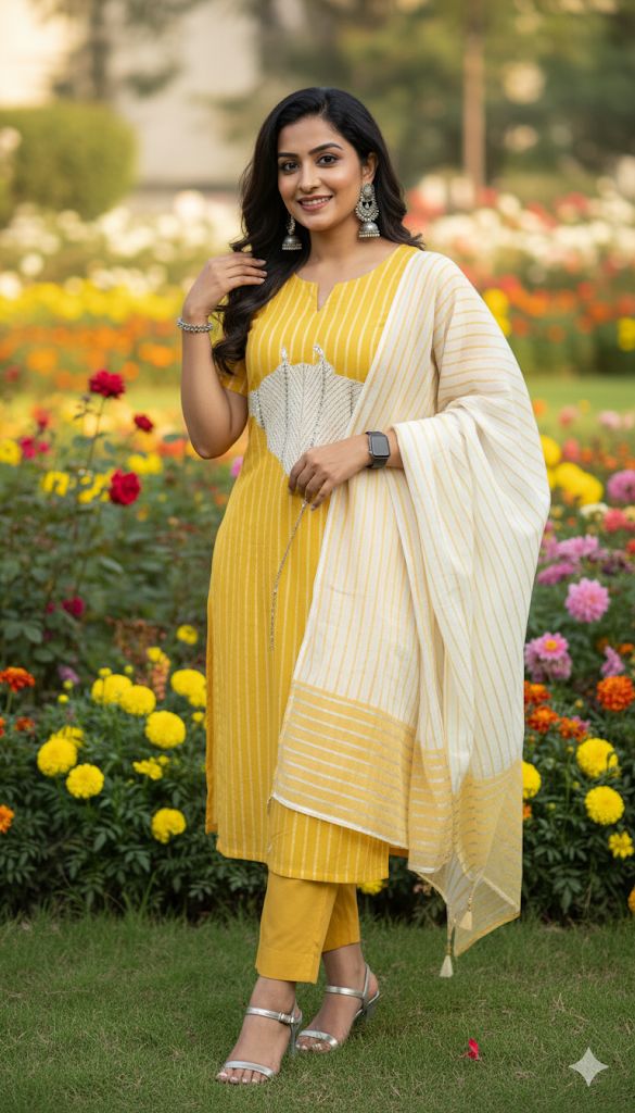 Cream Color And Mustard Yellow Kurti Set 3 Piece For Women