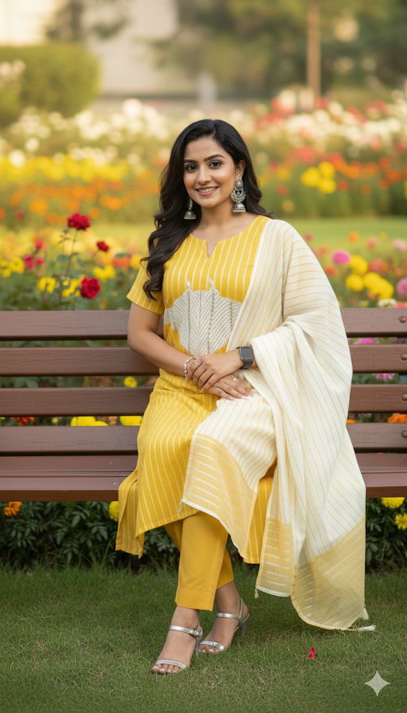 Cream Color And Mustard Yellow Kurti Set 3 Piece For Women