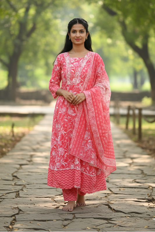 Pink Floral Print Anarkali Kurti Set With Dupatta For Women & Girls