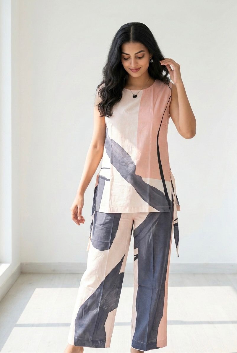 Aira Fabrics Designer Studio Peach & Grey Abstract Print Co-Ord Set