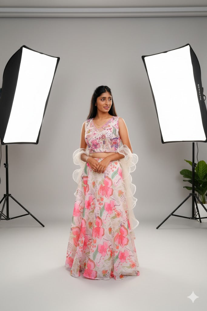White Pink Floral Lehenga For Women & Girls