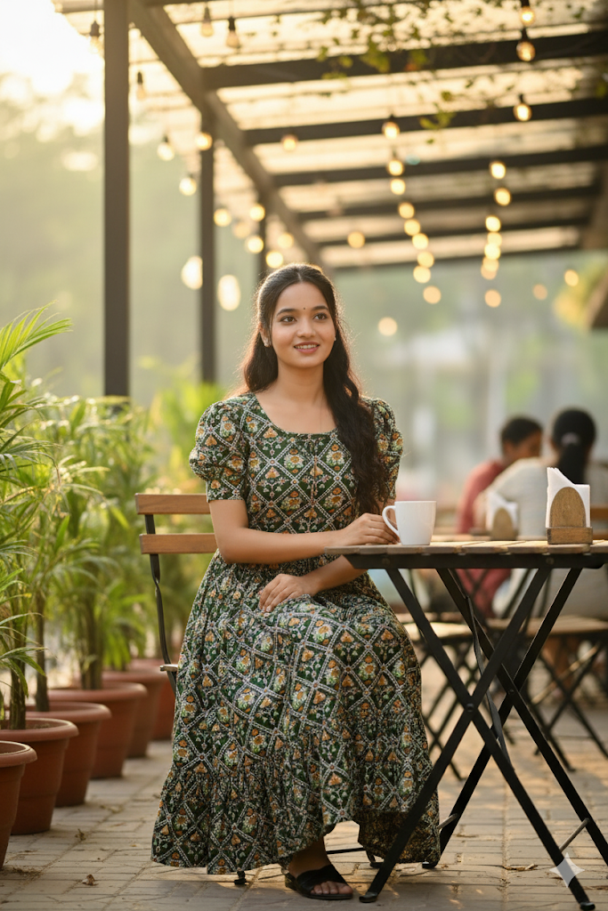 Gold Green Base Frock With Diamond Grid And Floral Motif Print For Women & Girls