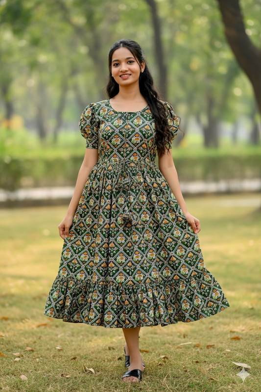 Gold Green Base Frock With Diamond Grid And Floral Motif Print For Women & Girls
