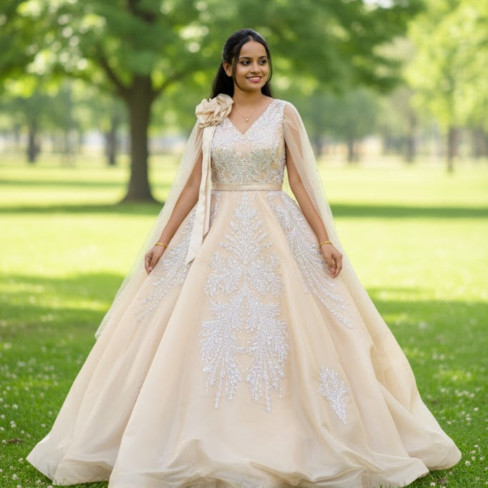 Woman in a beige embroidered dress standing in a park with green grass and trees.