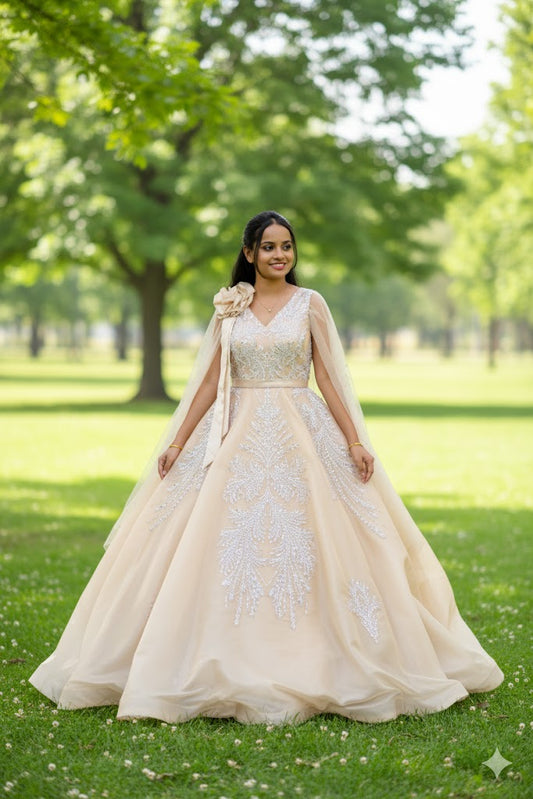 Beige Flowing, Structured Fabric Ball Gown For Women & Girls