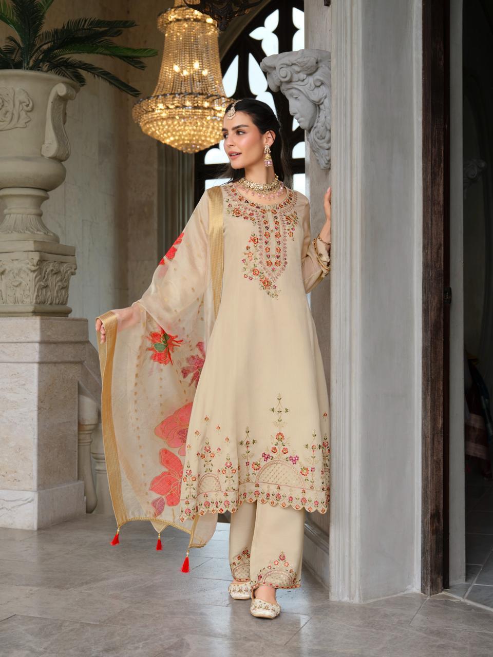 Off White Roman Silk A Line Kurti With Cotton Laning For Women