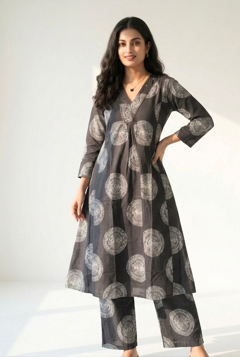 Charcoal Block Print Cotton Co-ord Set – Soft breathable cotton with modern A-line kurta