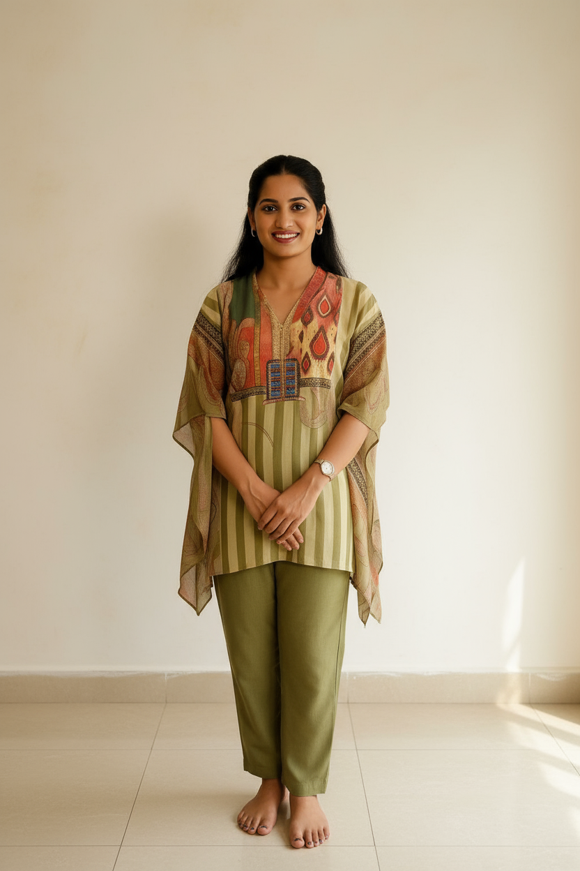 Olive Green Striped Kaftan With Embroidered Yoke And Solid Pants For Women & Girls