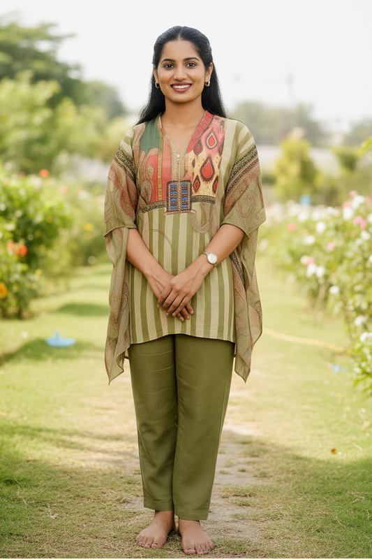 Olive Green Striped Kaftan With Embroidered Yoke And Solid Pants For Women & Girls