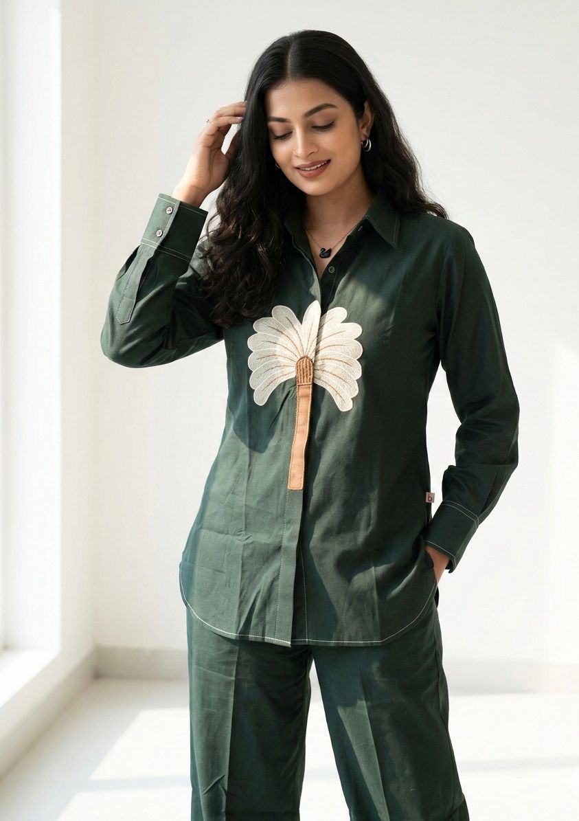 green co-ord set featuring a stylish shirt-style top with a bold floral Green Co-Ords For Women & Girls (Copy)