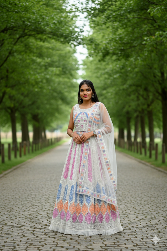White Lehenga Choli With A Sheer Dupatta For Women & Girls