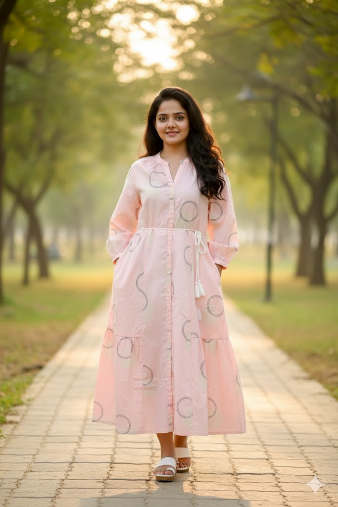 Pink Shirt Frock With Button-Down Front And Self-Tie Belt For Women & Girls