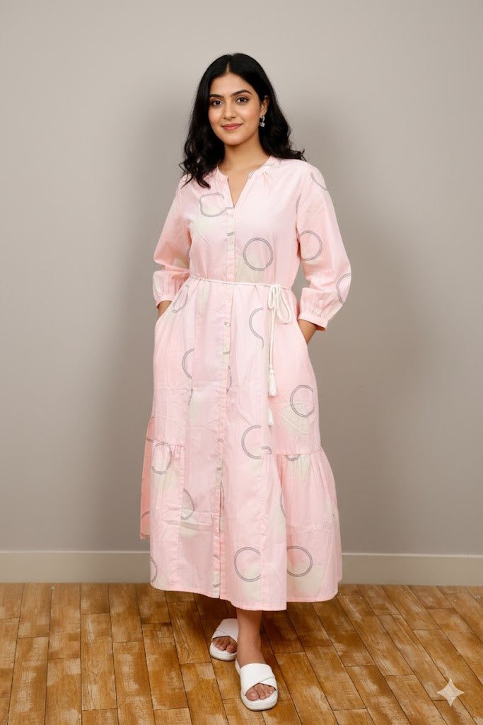 Pink Shirt Frock With Button-Down Front And Self-Tie Belt For Women & Girls