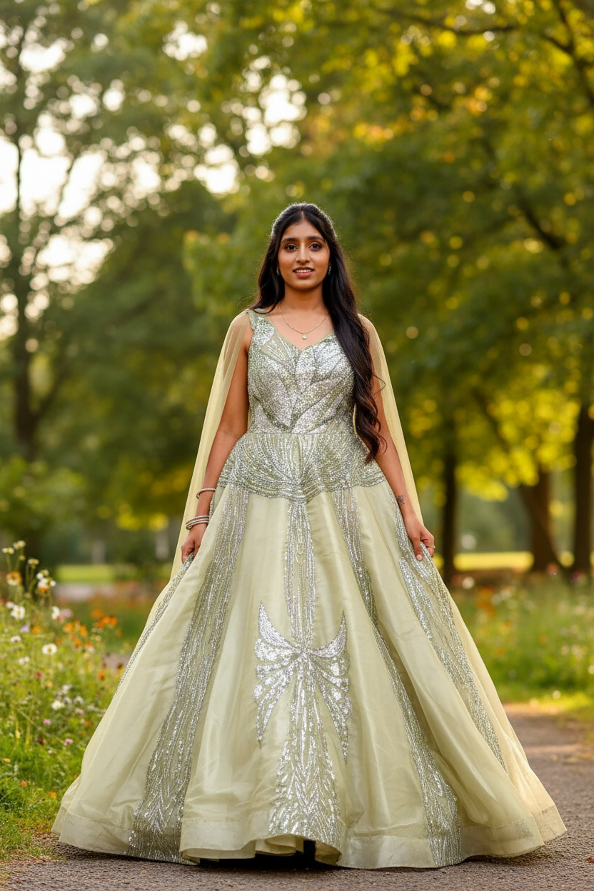 Light Green Gown With Silver Sequin Embellishments For Women & Girls