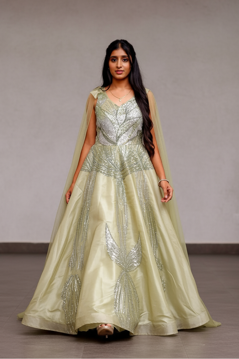 Light Green Gown With Silver Sequin Embellishments For Women & Girls