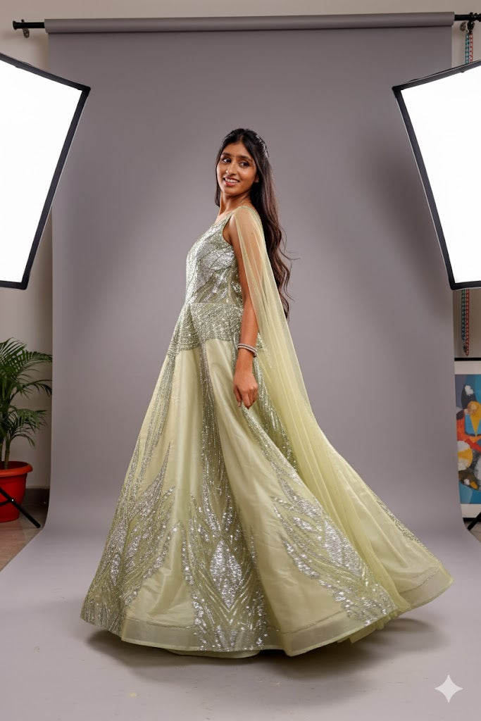 Light Green Gown With Silver Sequin Embellishments For Women & Girls