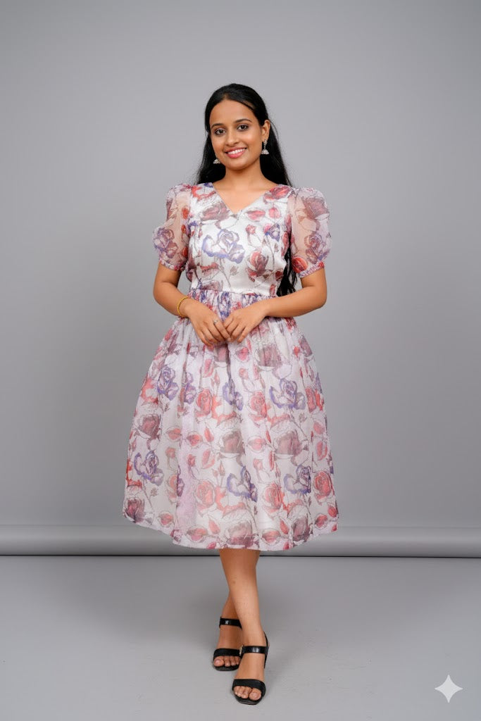 White Embroidered Crop Top And Flowing Skirt Gown For Women & Girls