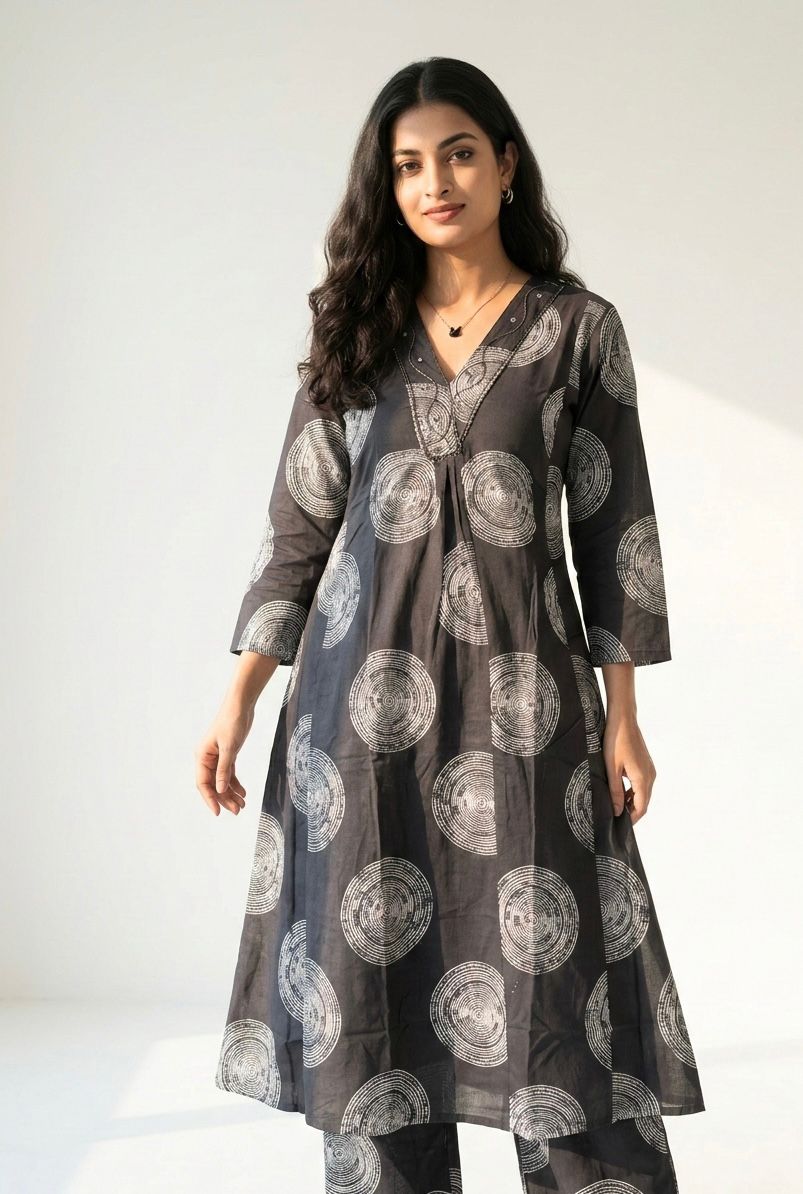 Charcoal Block Print Cotton Co-ord Set – Soft breathable cotton with modern A-line kurta