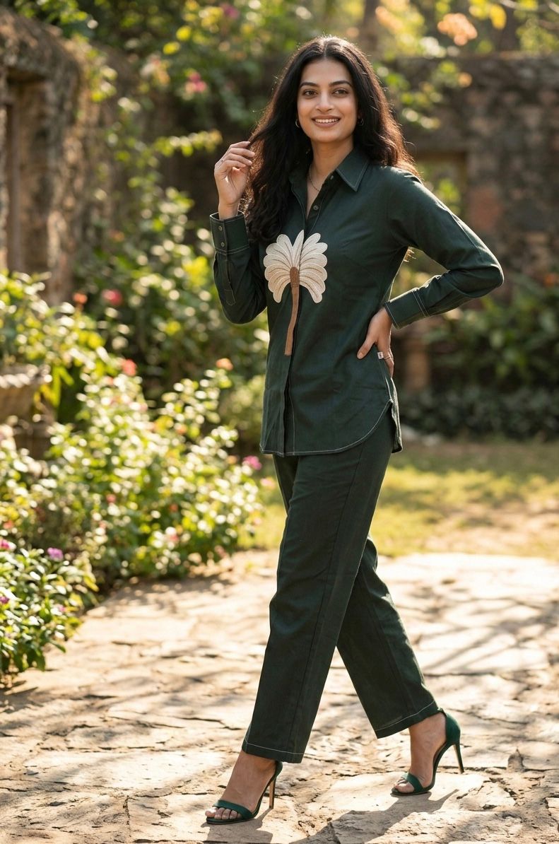 green co-ord set featuring a stylish shirt-style top with a bold floral Green Co-Ords For Women & Girls (Copy)