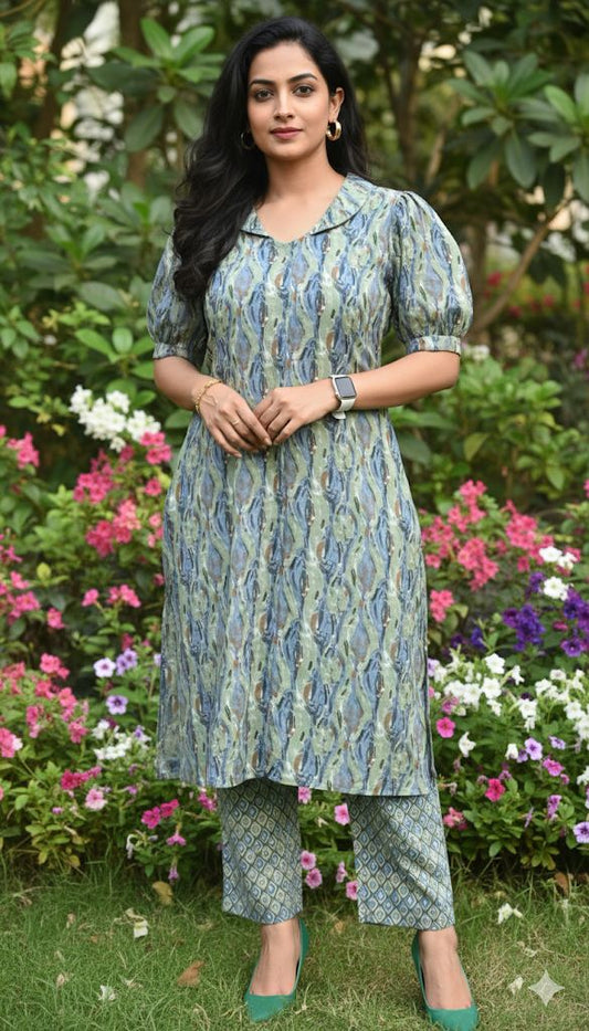 Blue and Sage green Work Cotton Kurti And Bottom