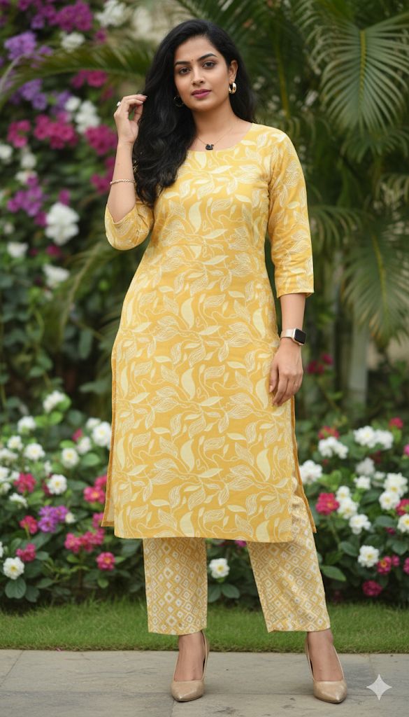 Lemon Yellow Cotton Set For Women & Girls