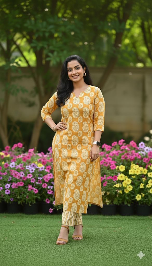 Lemon Yellow Cotton Set For Women & Girls