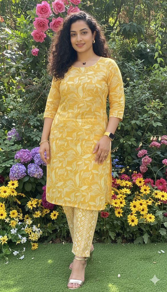 Lemon Yellow Cotton Set For Women & Girls