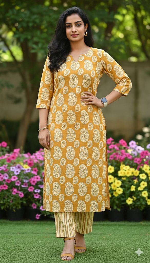 Lemon Yellow Cotton Set For Women & Girls