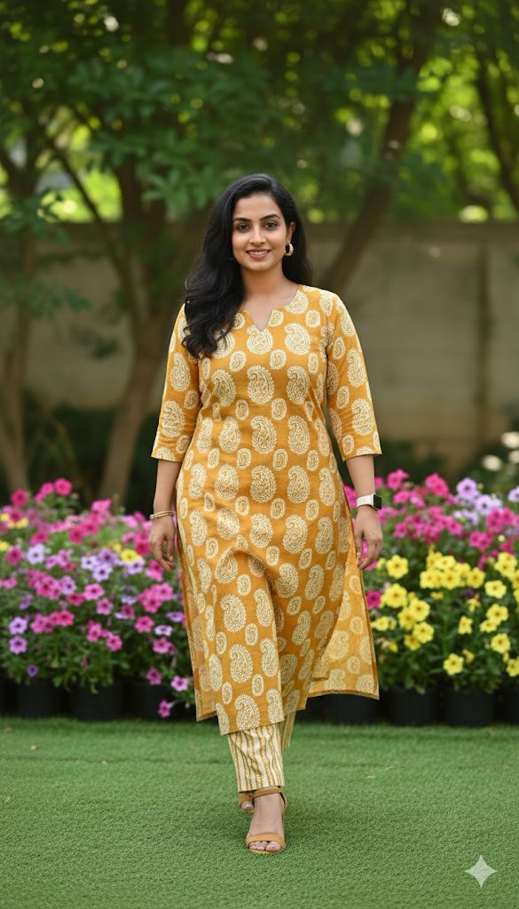 Lemon Yellow Cotton Set For Women & Girls