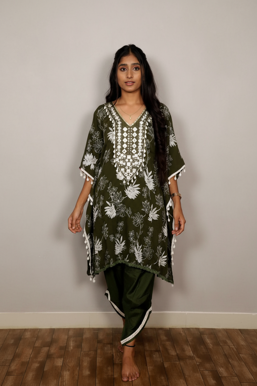 Olive Green Floral Embroidered Kurti With Tulip Pants For Women & Girls