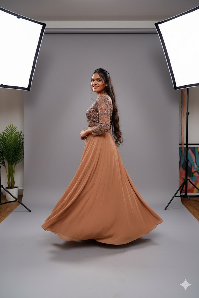 Light Brown Sequin-Embellished Top With Solid Skirt For Women & Girls