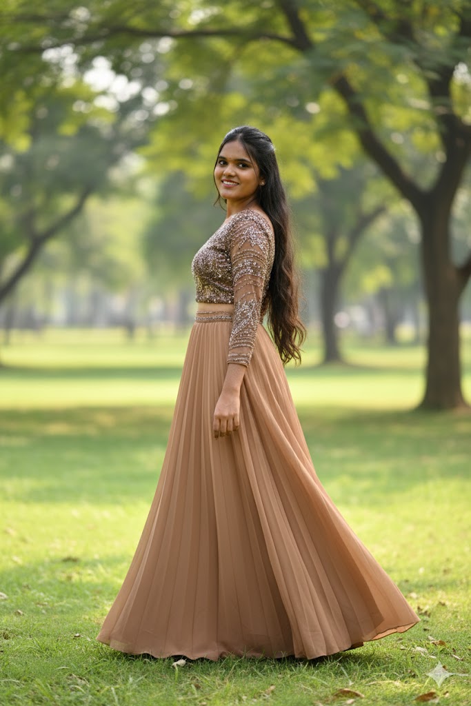 Light Brown Sequin-Embellished Top With Solid Skirt For Women & Girls