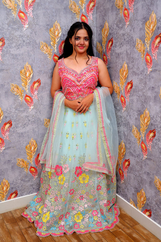 Light Blue Lehenga Choli with Pink and Yellow Floral Embroidery