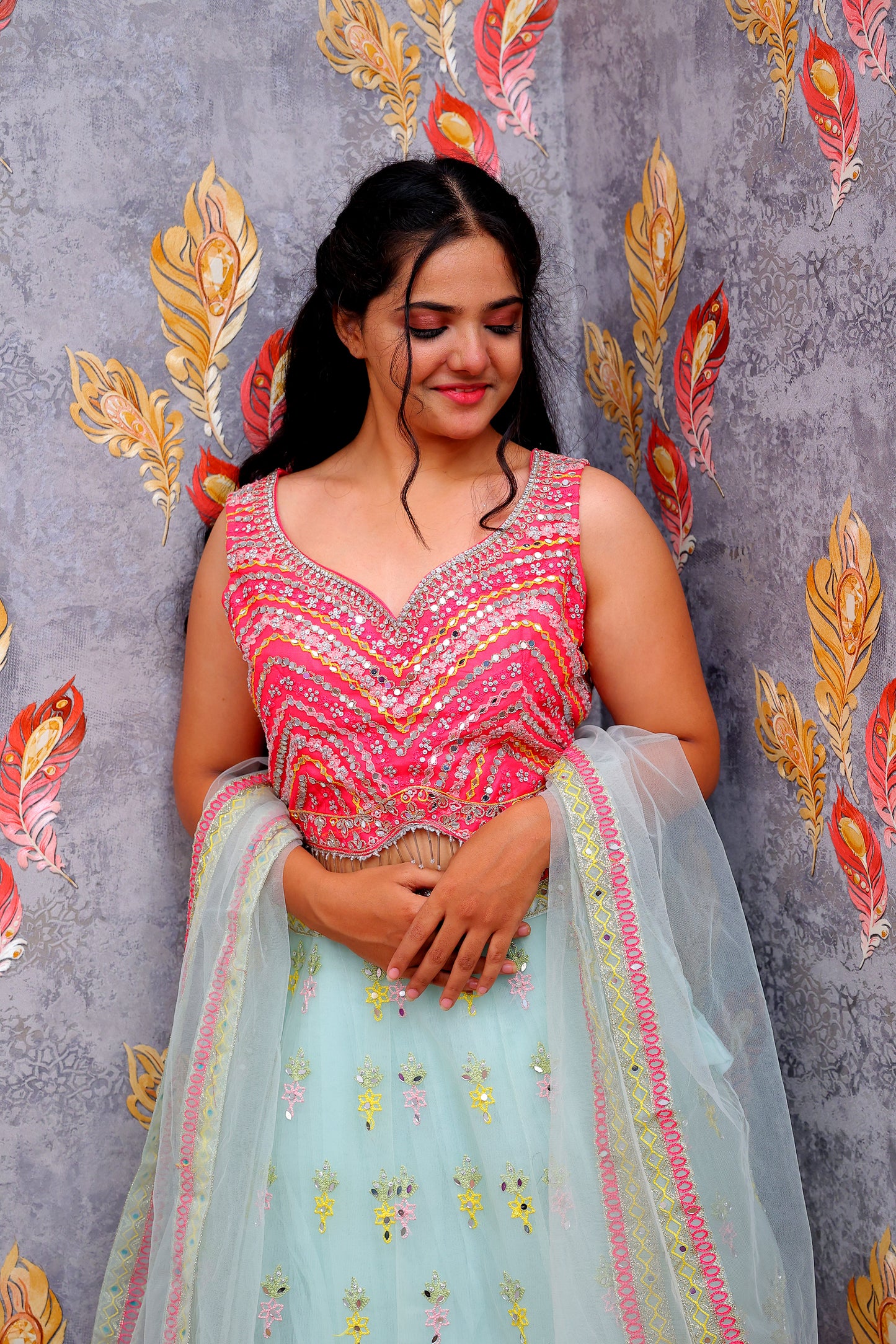 Light Blue Lehenga Choli with Pink and Yellow Floral Embroidery