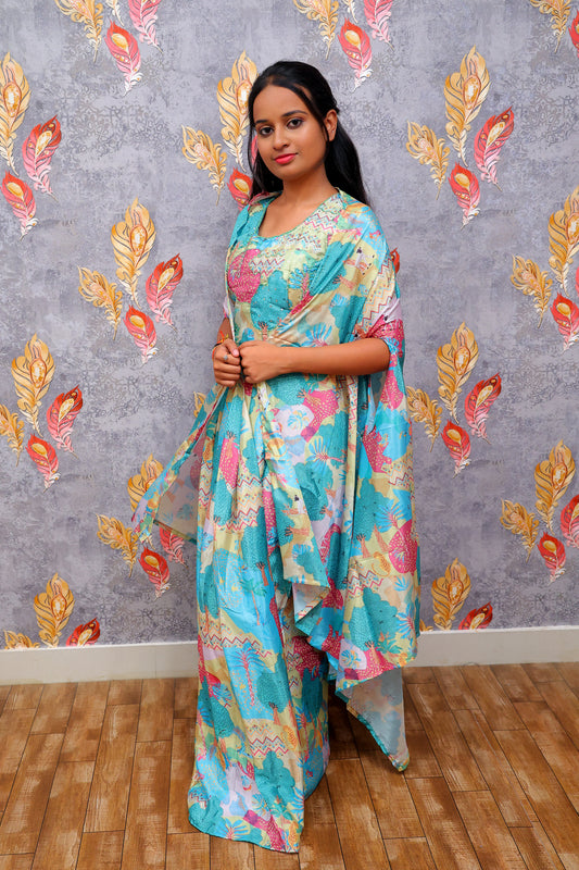 Artistic Ensemble in Blue, Pink, and Beige with Nature-Inspired Patterns Lahanga