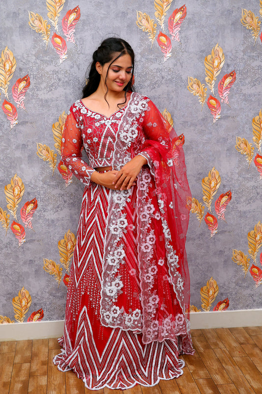Red Lehenga Choli with Floral Motifs, Geometric Shapes, and Chevron Pattern