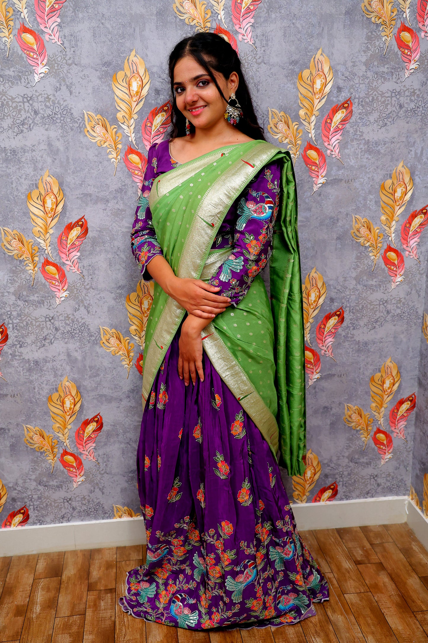 Pen Kalamkari Blouse with Brinjal-Colored Lehenga and Green Dupatta