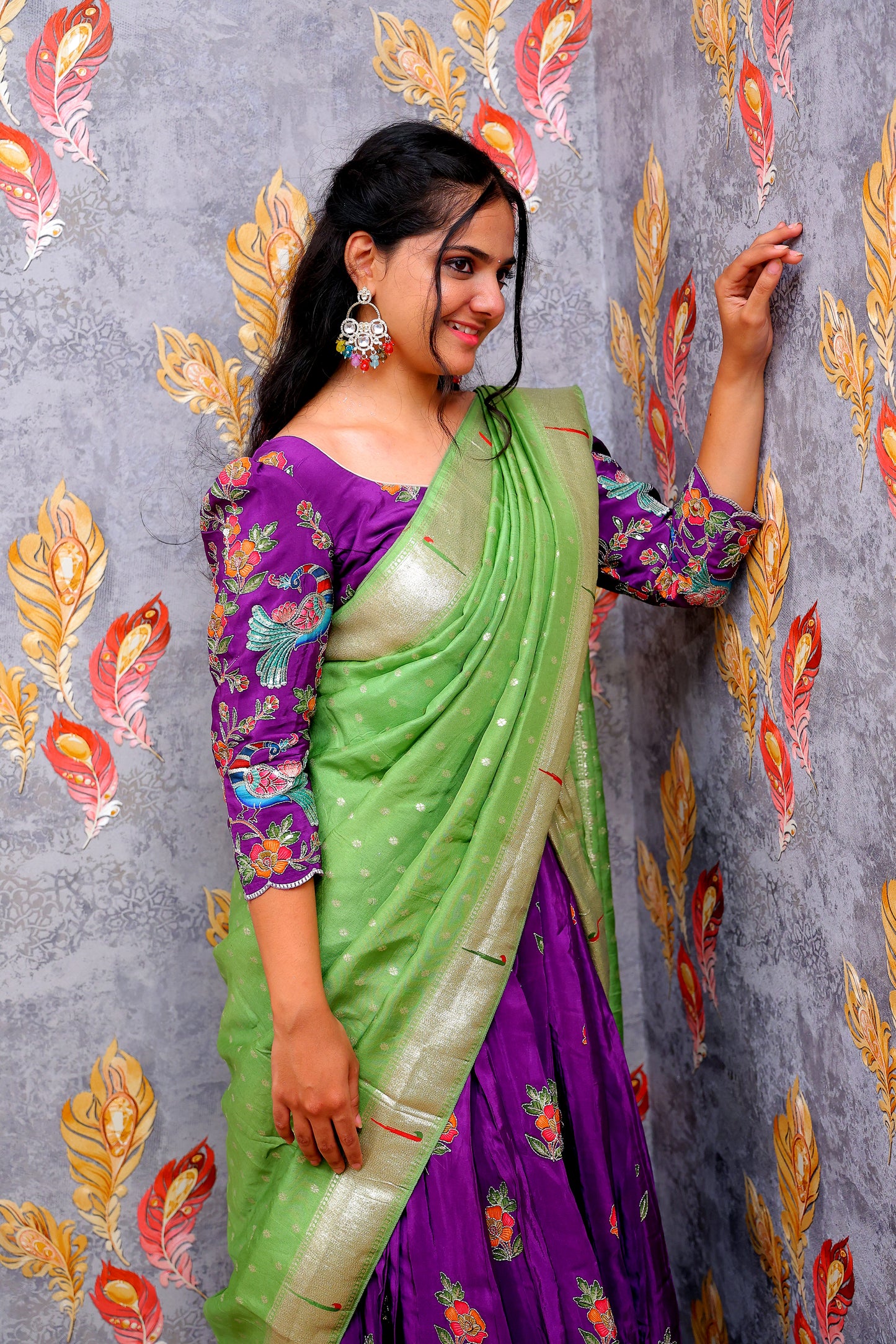 Pen Kalamkari Blouse with Brinjal-Colored Lehenga and Green Dupatta