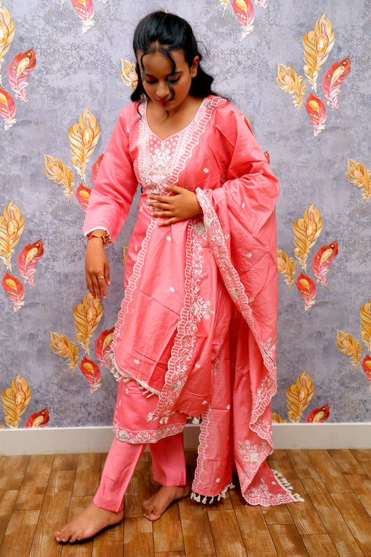 Light Peach Color Kurti with White Embroidery