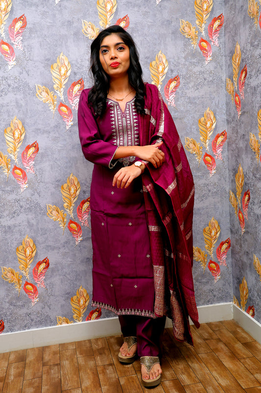 Dual Purple Color Kurti with Embellished Silver Yoke