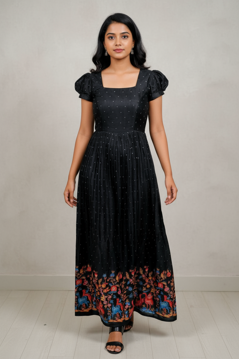 Black Frock Dress With Floral Border For Women & Girls