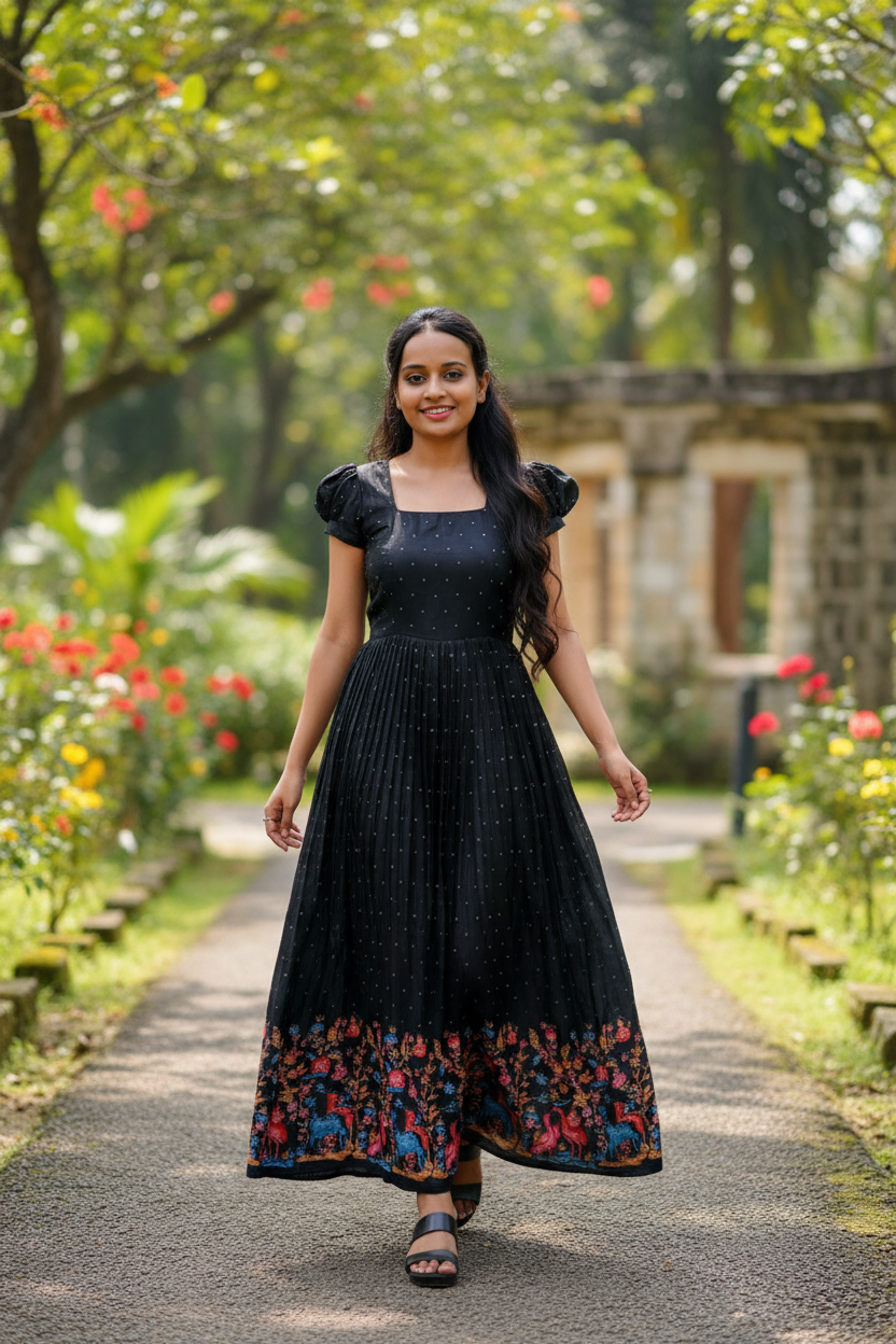 Black Frock Dress With Floral Border For Women & Girls