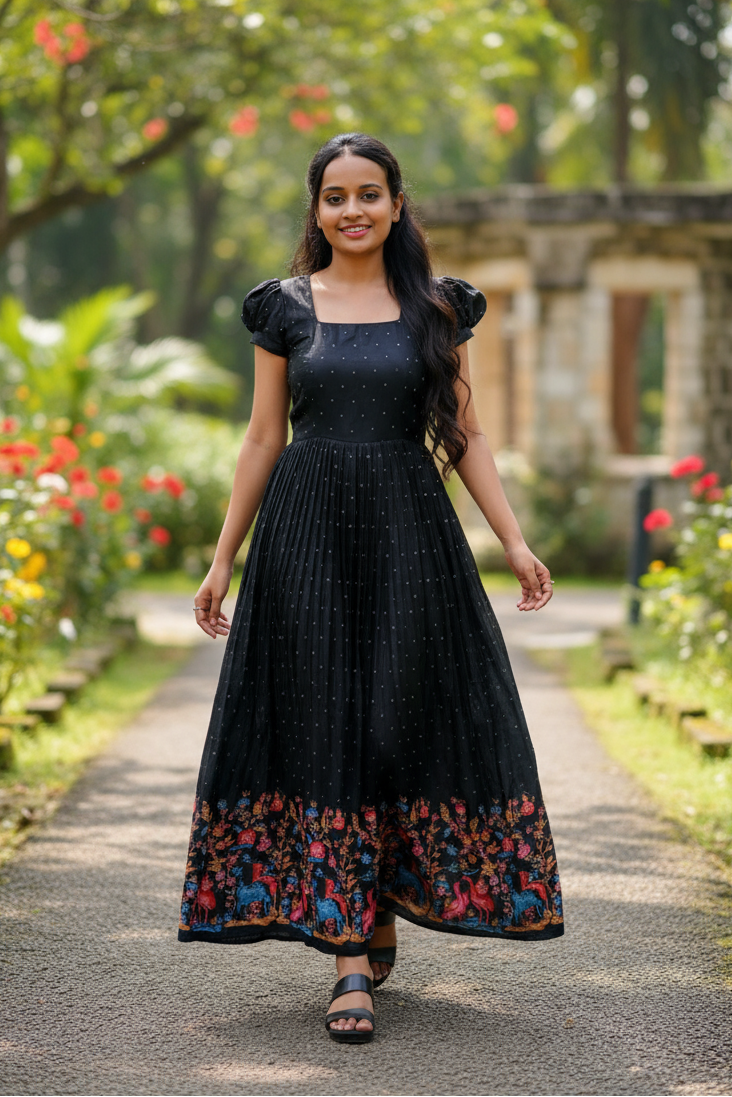 Black Frock Dress With Floral Border For Women & Girls