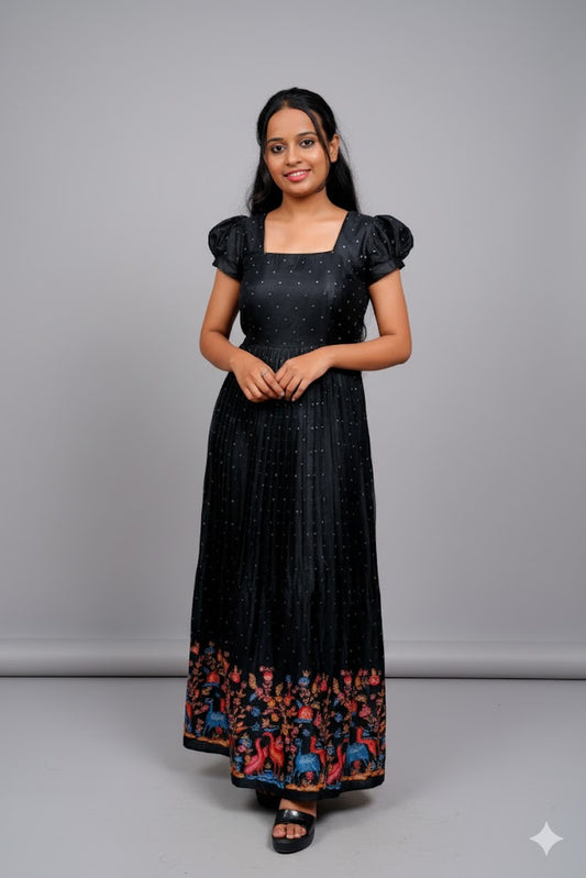 Black Frock Dress With Floral Border For Women & Girls