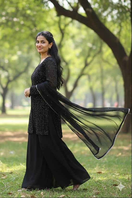 Black Celestial Shine 2-Piece Organza Embroidered Suit For Women & Girls
